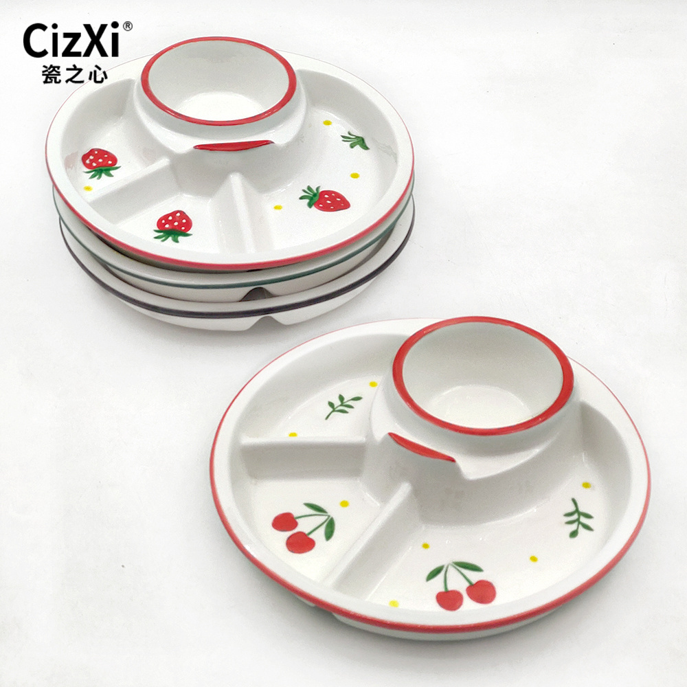 Creative Ceramic Chip and Dip Serving Set Separated Serving Trays Dumplings Appetizers Serving Platter Round Compartment Plate