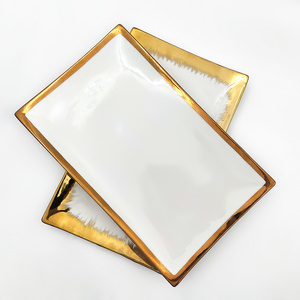 Wholesale Party Tableware Rectangle Luxury Dining Plate Catering Ceramic Dinner Plates With Gold Rim