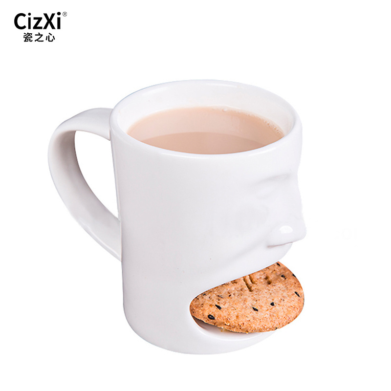 Porcelainous Milk Face Cup Tea Mugs with Biscuit Pocket White Cookies Cup Holder Cookies White Ceramic Coffee Mug