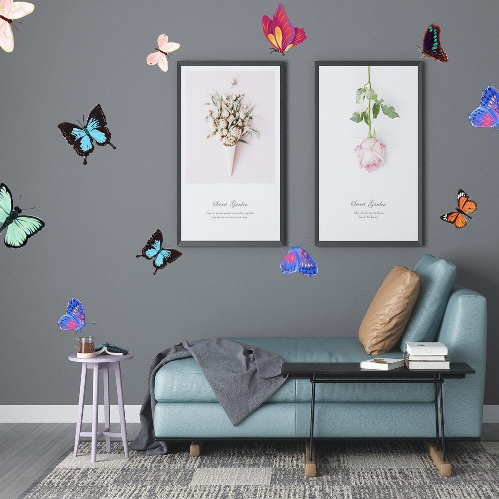 3D Wall Decals Flowers and Flying Butterfly Wall Stickers Murals Self-adhesive Peel and Stick Wall Decor