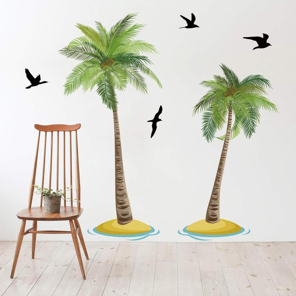 Nature Green Potted Tropical Plants Leaves PVC Wall Stickers Watercolor Blue Flower Wall Decals Blossom