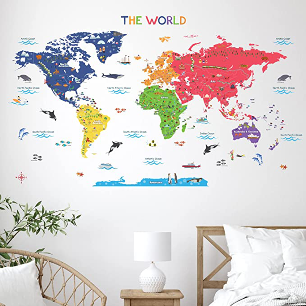 Home Decor World Map Wall Decal Sticker Seven Continents Background Cartoon 3D Decoration Mural Wallpaper