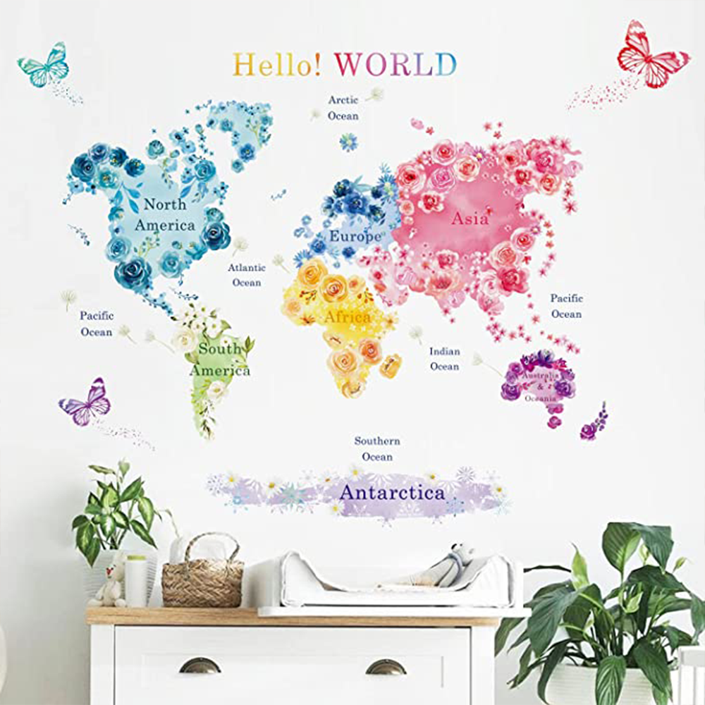 Home Decor World Map Wall Decal Sticker Seven Continents Background Cartoon 3D Decoration Mural Wallpaper