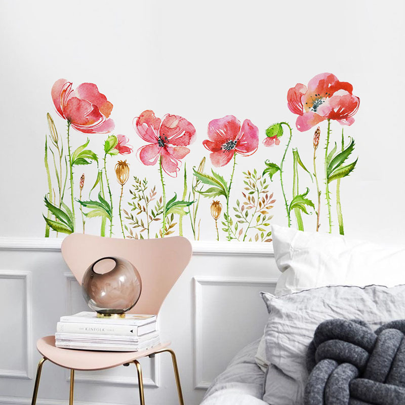 Watercolor Vinyl Peony Floral and Leaves Wall Stickers Wall Decal DIY Murals Girls Boys Kids Nursery Baby