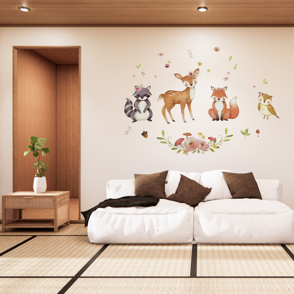 Decalmile Woodland Wall Decals Animals Tree Owl Fox Deer Wall Stickers for Kids Boys Bedroom Playroom