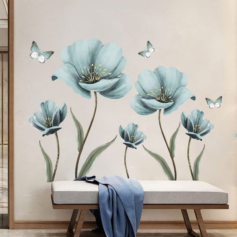 Creative Nordic Blue Flower Wall Stickers 3D Wall Art Decals Home Warm Background Decoration for Living Bedroom