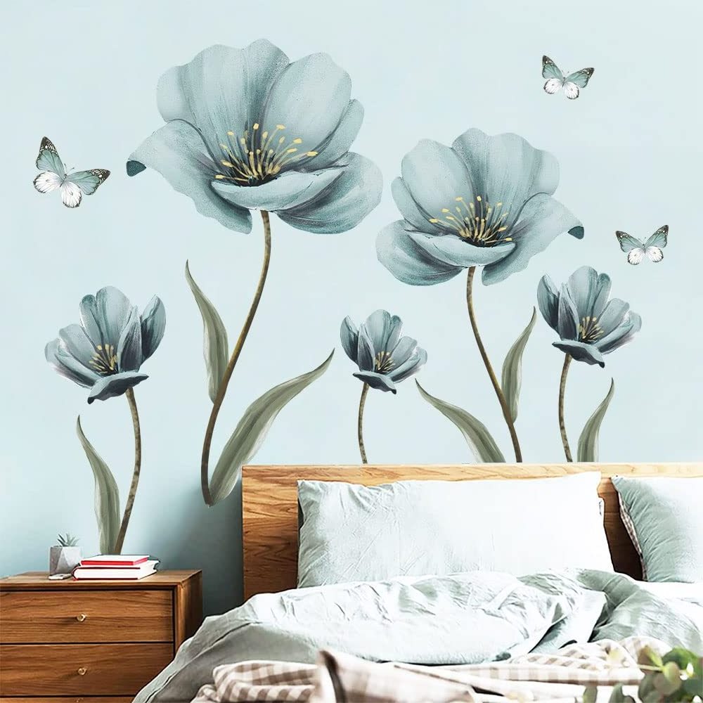 Creative Nordic Blue Flower Wall Stickers 3D Wall Art Decals Home Warm Background Decoration for Living Bedroom