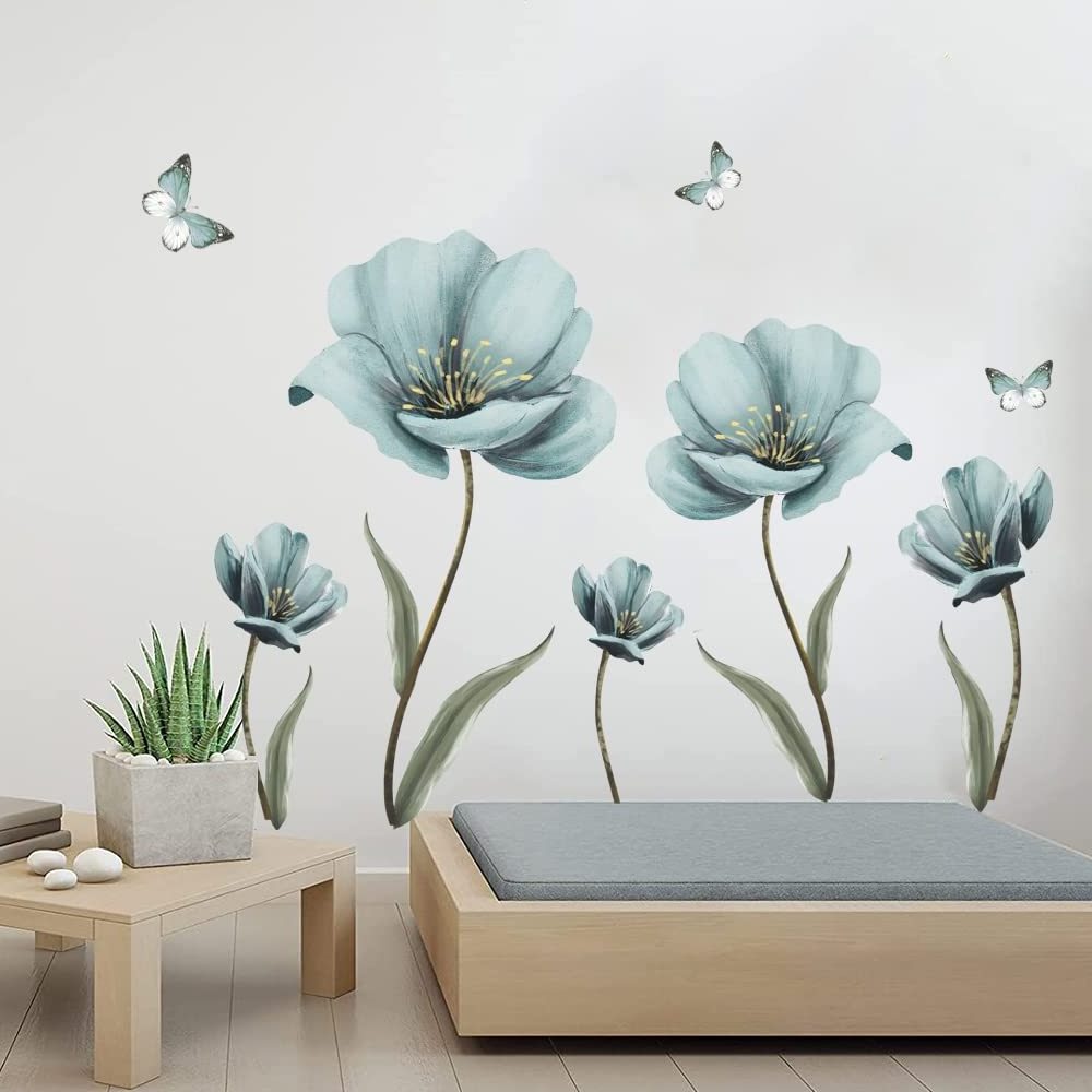 Creative Nordic Blue Flower Wall Stickers 3D Wall Art Decals Home Warm Background Decoration for Living Bedroom