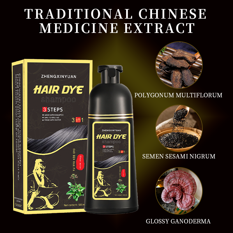 3-in-1 Natural white hair covering Herbal extract Ginseng black hair dye shampoo Effective care for long-lasting black hair