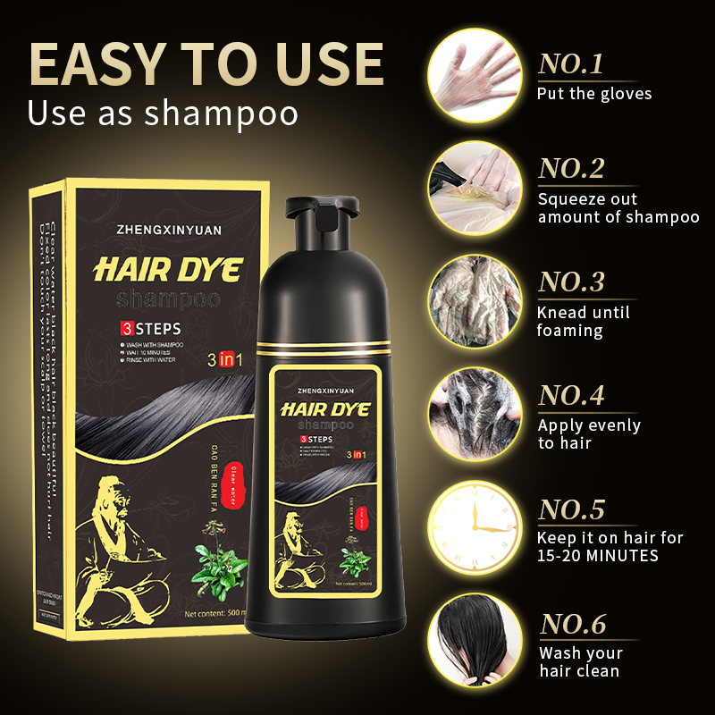 3-in-1 Natural white hair covering Herbal extract Ginseng black hair dye shampoo Effective care for long-lasting black hair