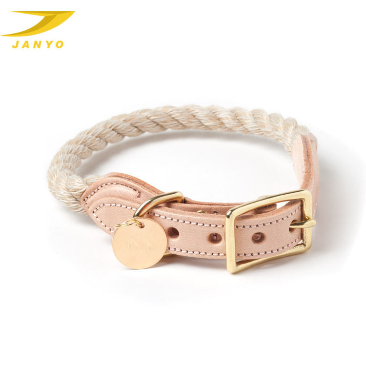 Leather cotton light dog collar colourful cotton rope rose gold dog collar