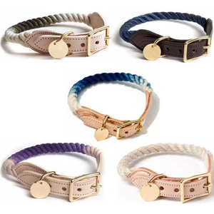 Leather cotton light dog collar colourful cotton rope rose gold dog collar