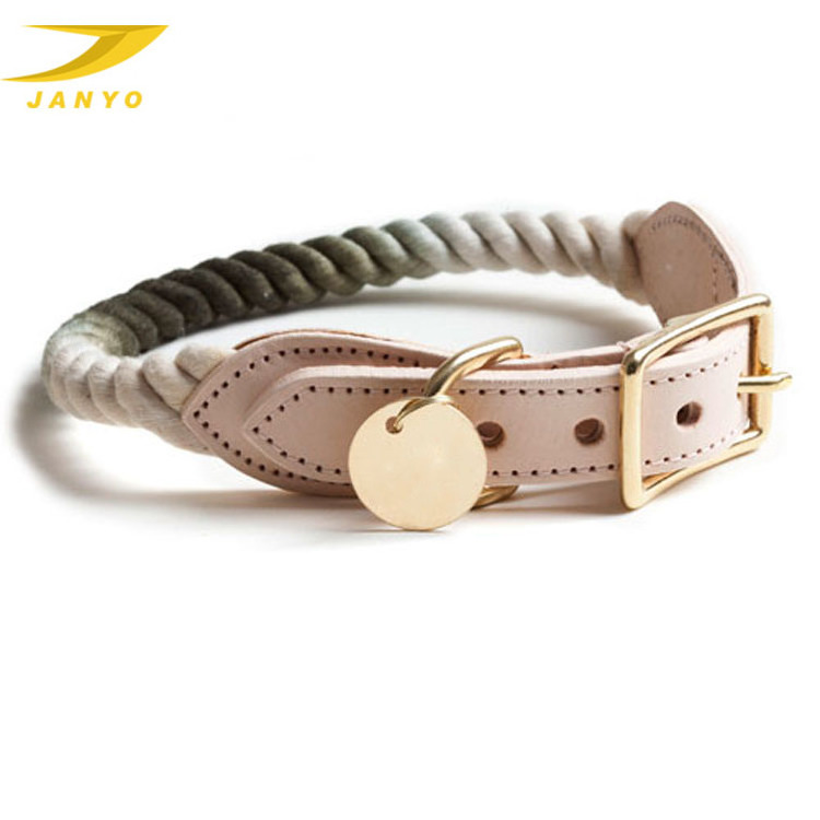 Leather cotton light dog collar colourful cotton rope rose gold dog collar