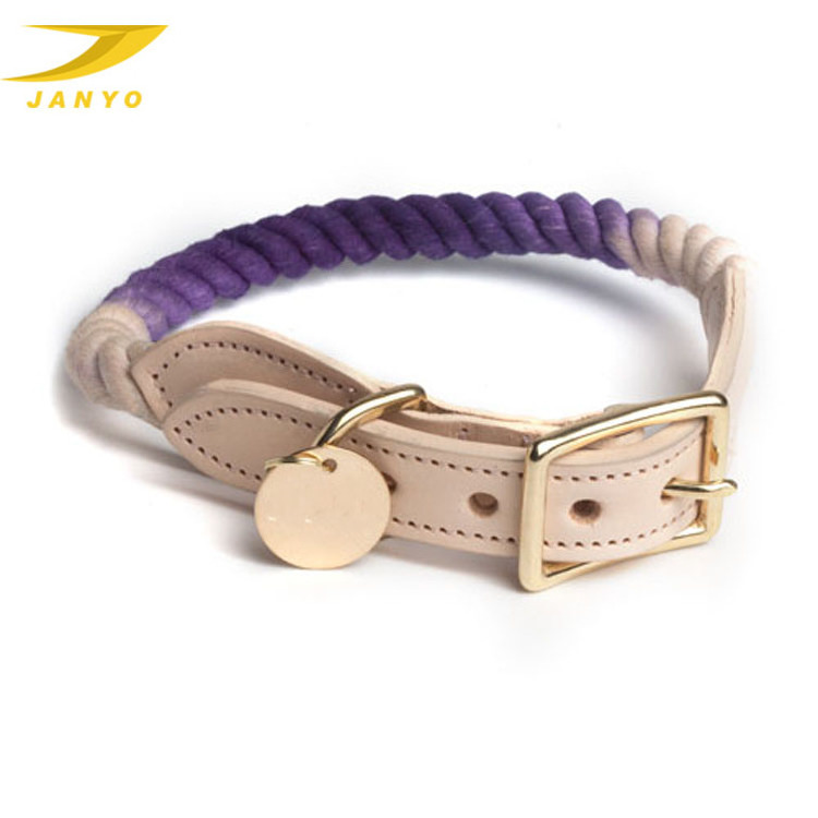 Leather cotton light dog collar colourful cotton rope rose gold dog collar