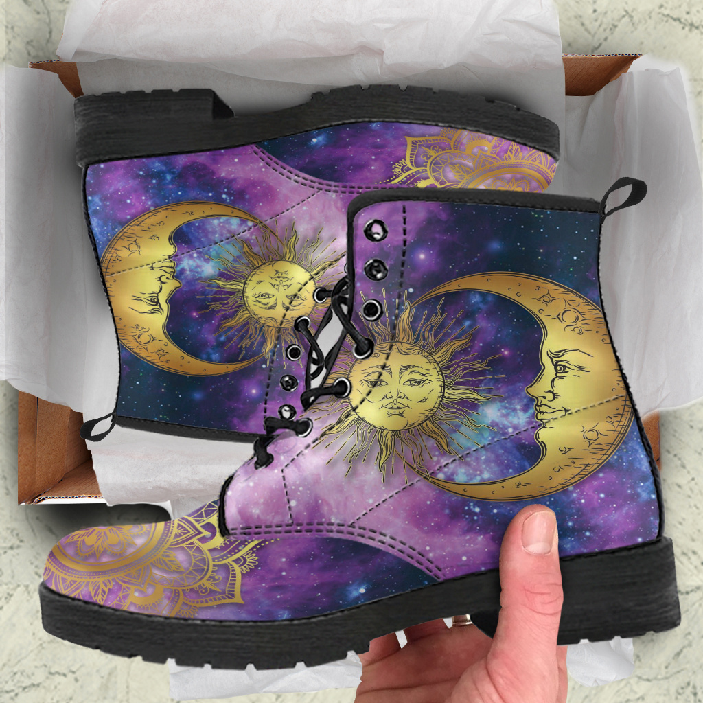 Teal Sun Moon Mandala Spirit Women's Boots Vegan Leather Astrology Astro Boots Leather Walking Winter Foot Shoes