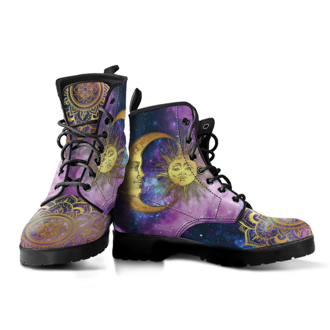 Teal Sun Moon Mandala Spirit Women's Boots Vegan Leather Astrology Astro Boots Leather Walking Winter Foot Shoes