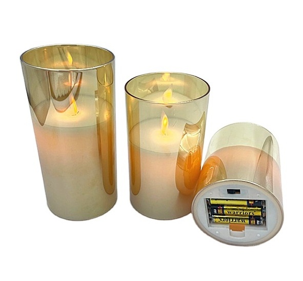 hot selling glass real wax pillar LED 3D wick candle with timer smokeless battery operated candle for home decoration