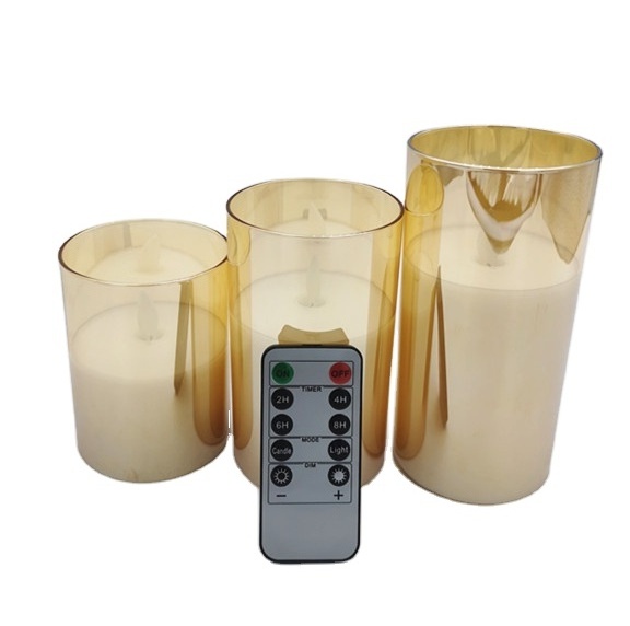 hot selling glass real wax pillar LED 3D wick candle with timer smokeless battery operated candle for home decoration