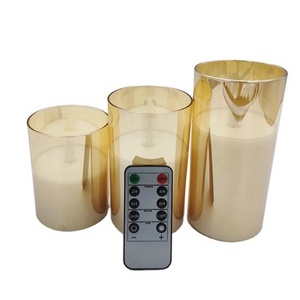 hot selling glass real wax pillar LED 3D wick candle with timer smokeless battery operated candle for home decoration