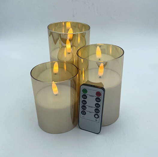 hot selling glass real wax pillar LED 3D wick candle with timer smokeless battery operated candle for home decoration