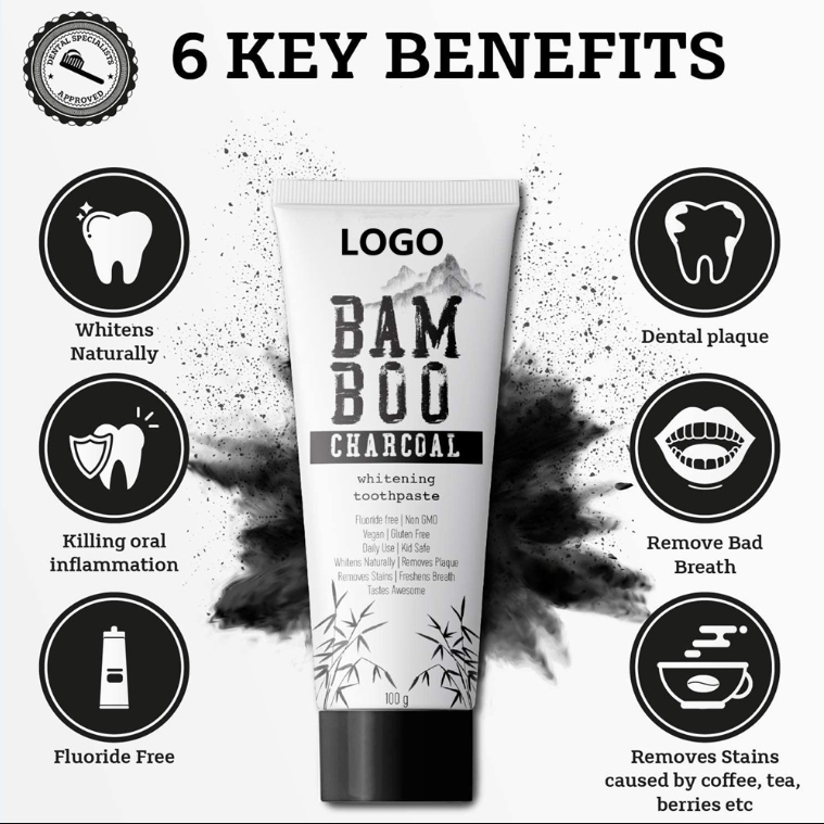 Private label fluoride free all natural activated charcoal whitening and staining toothpaste