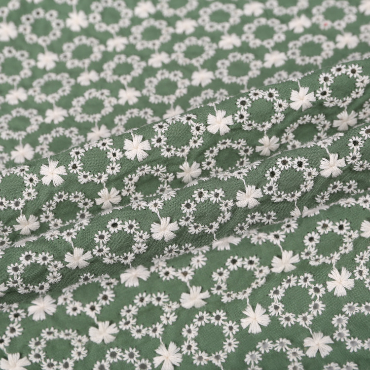 New design soft embroidery cotton eyelet custom woven embroidery fabric for dresses with small white flowers and wreaths