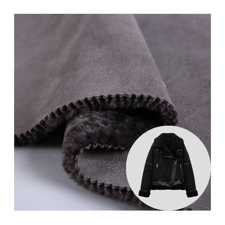 HOT products sells knitted suede bonded faux fur dark grey suede upholstery polyester fabric