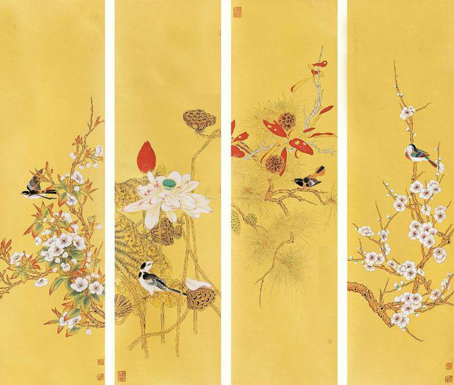 Hand Painted wallpaper 4 Panel cherry Blossom Silk Screen wallpaper for home decoration