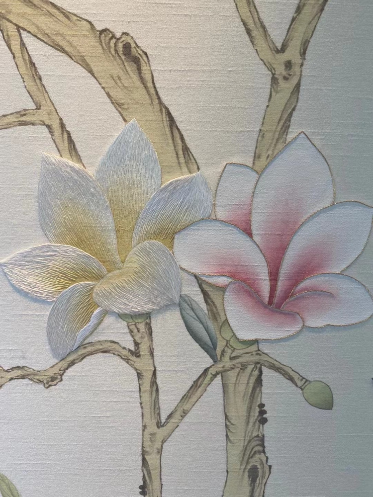 Luxury Hand painted Magnolia flowers birds design hand painted silk chinoiserie wallpaper for living room