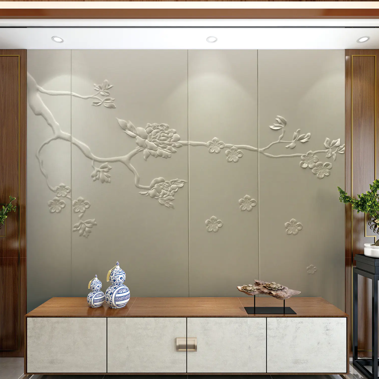 Zhenling wall design 3D Leather Wall Panels & Headboards with Cherry Blossom Embroidered Design