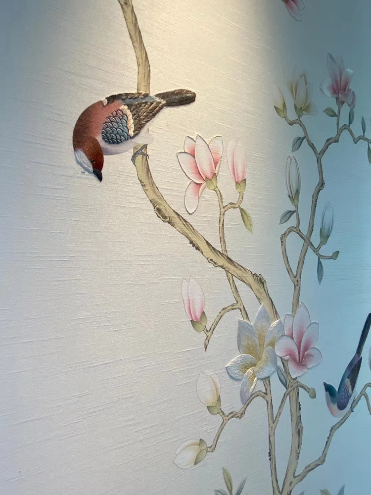 Luxury Hand painted Magnolia flowers birds design hand painted silk chinoiserie wallpaper for living room