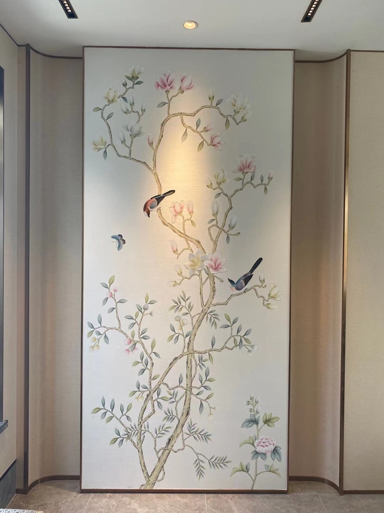 Luxury Hand painted Magnolia flowers birds design hand painted silk chinoiserie wallpaper for living room