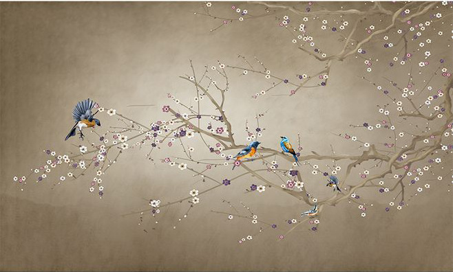 Wholesale wallpaper modern luxury high end plum cherry blossom hand painted silk wallpaper