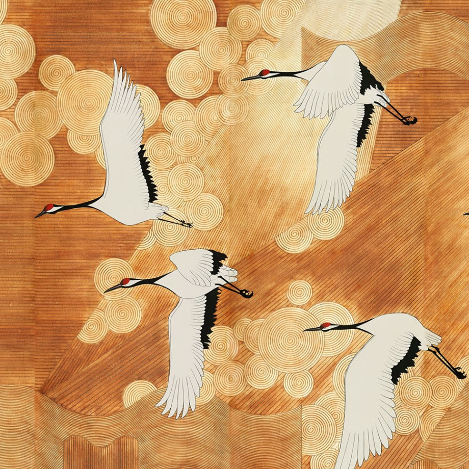 Zhenling luxury handpainted flying crane gold wallpaper for living room wall decoration