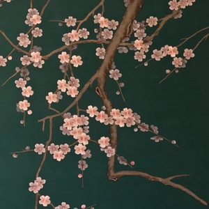 Zhenling luxury Red plum blossom dark green base hand-painted wallpaper for interior house wall decoration