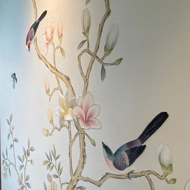 Luxury Hand painted Magnolia flowers birds design hand painted silk chinoiserie wallpaper for living room