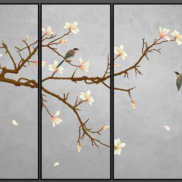 Hand Painted wallpaper 4 Panel cherry Blossom Silk Screen wallpaper for home decoration