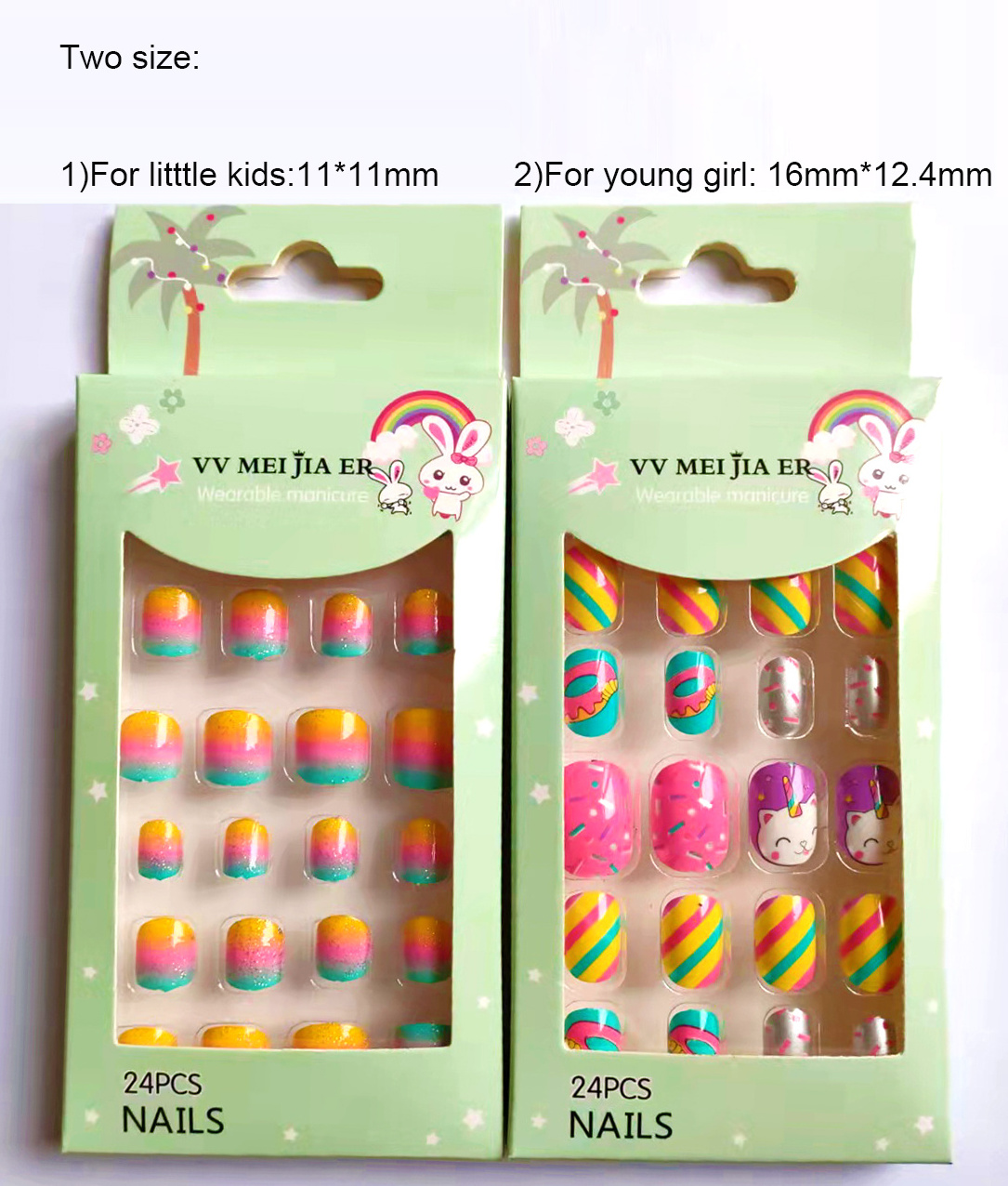 New Design Wholesale Kids Fake Nails Unique Colorful Rainbow Cute Kids Press On Nails With Glue False Nail Artificial