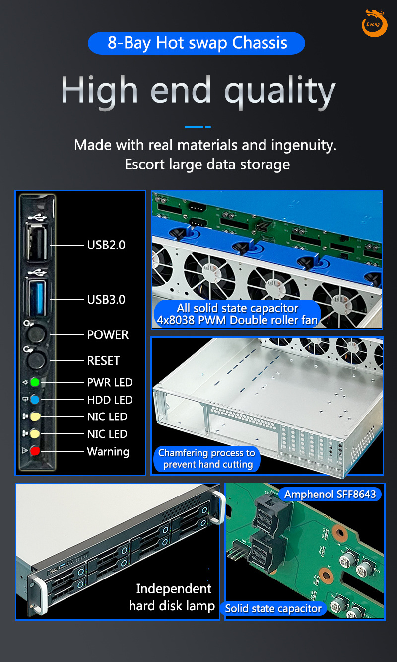 ZhenLoong 2u 8 bays NAS hard disk hot swap storage server rack case chassis with mini SAS SATA 12Gb backbplane SFF8643