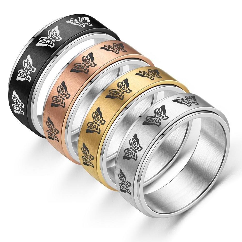 Turn Able Titanium Steel Ring New Vintage Butterfly Stainless Steel Couple Ring