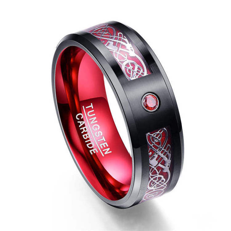 New Fashion Men's Stainless Steel Dragon Ring Inlay Red Green Black Carbon Fiber Ring Wedding Band