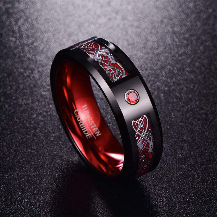 New Fashion Men's Stainless Steel Dragon Ring Inlay Red Green Black Carbon Fiber Ring Wedding Band