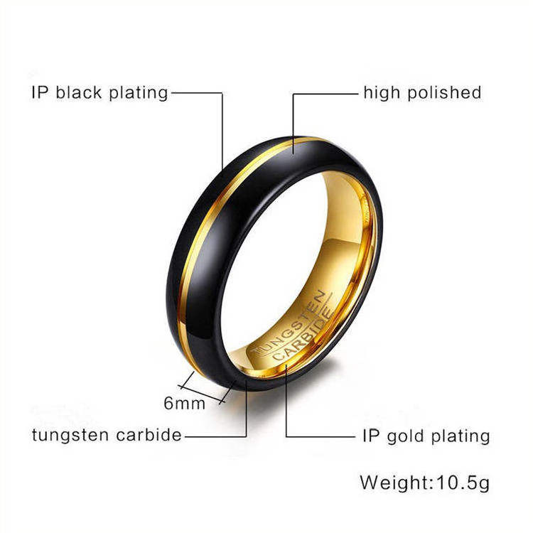 Custom Design Tungsten Carbide Ring High Polished Dome Grooved Black and Gold Plated Couple Love Wedding Band Tungsten Ring