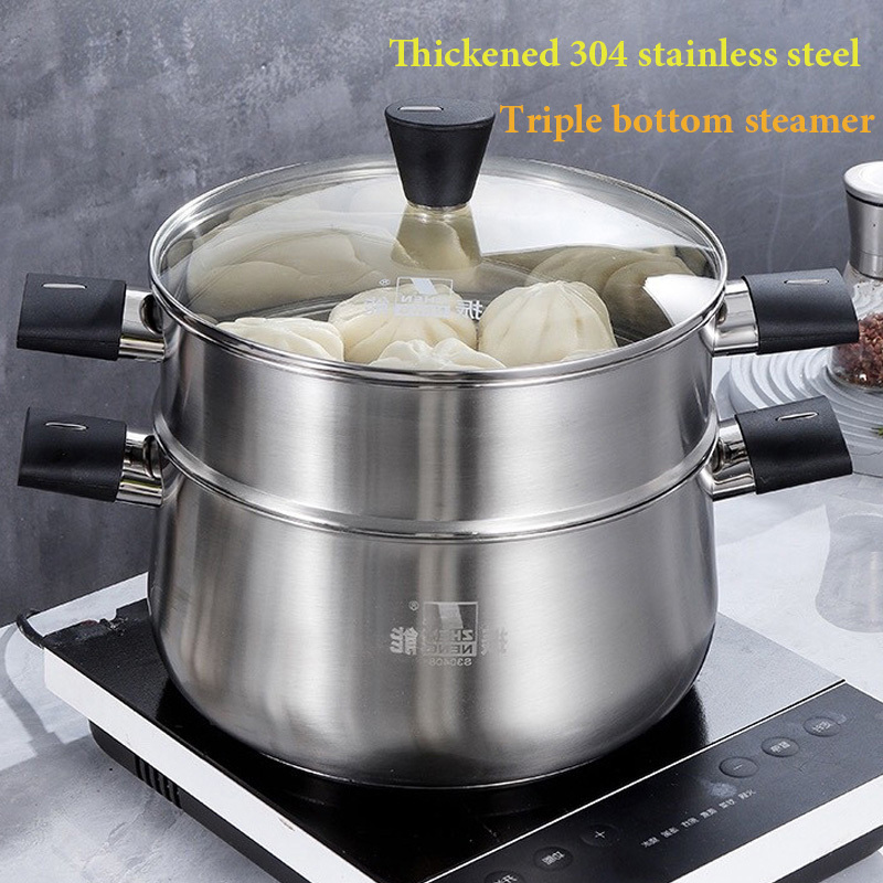 High quality large stainless steel 30cm couscoussier double layer steamer pot with visible glass lid