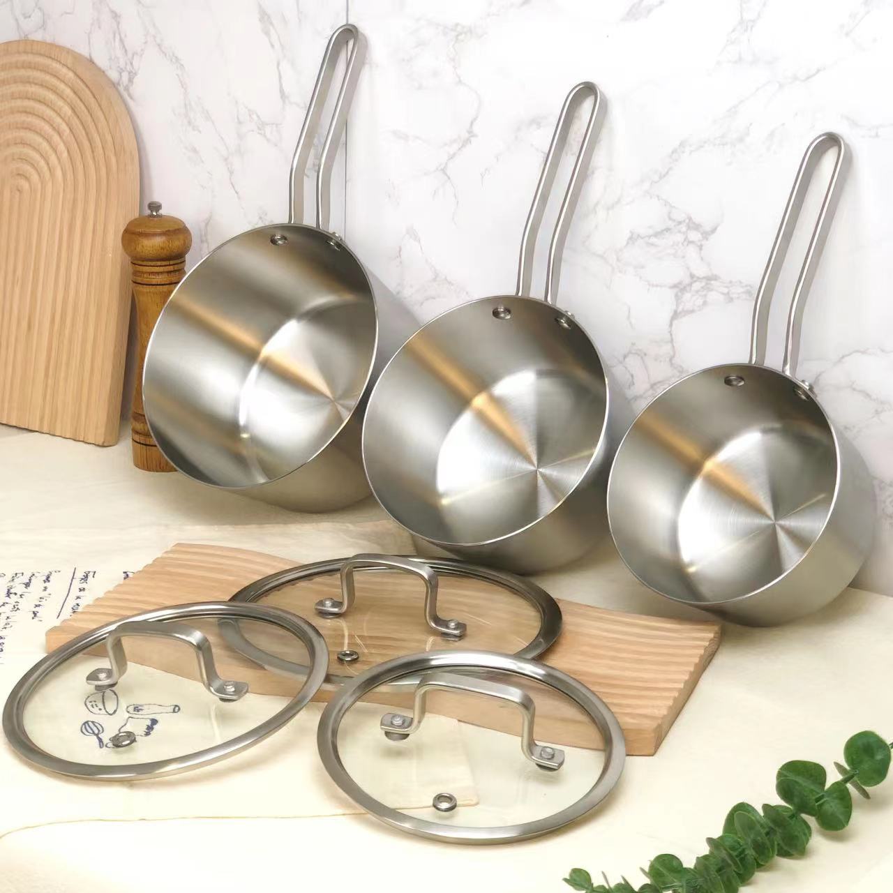 Composite double layer steel 304 cooking milk pot set stainless steel saucepan with hollow handle