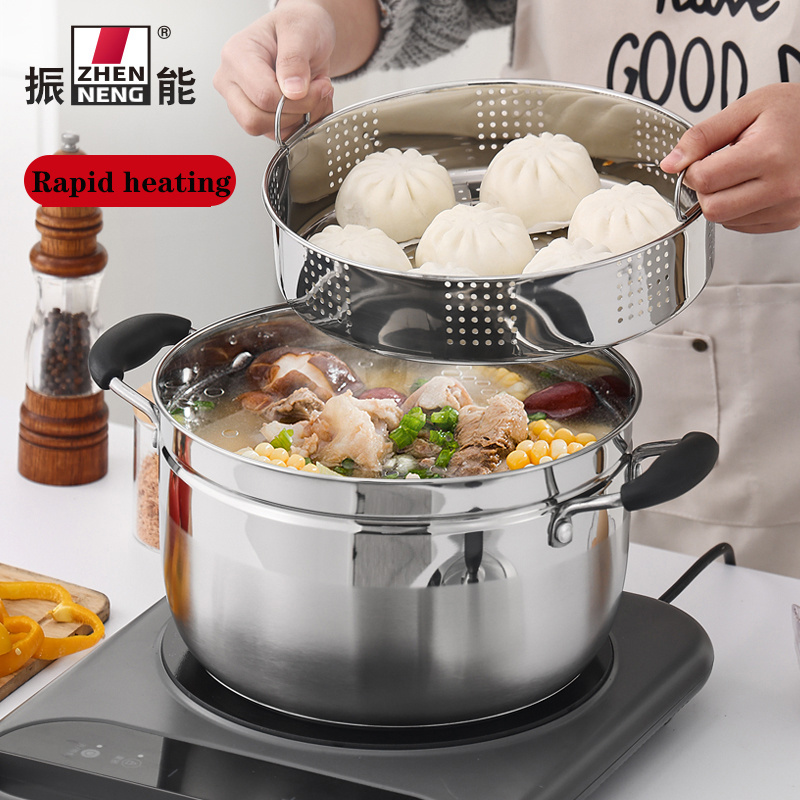 Retail stainless steel 24cm steamer and cooking pots soup pot with inner steamer grid and tempered glass lid