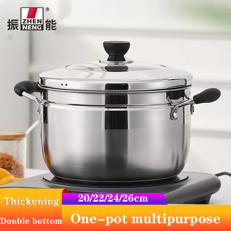 Retail stainless steel 24cm steamer and cooking pots soup pot with inner steamer grid and tempered glass lid