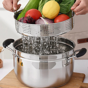 Retail stainless steel 24cm steamer and cooking pots soup pot with inner steamer grid and tempered glass lid