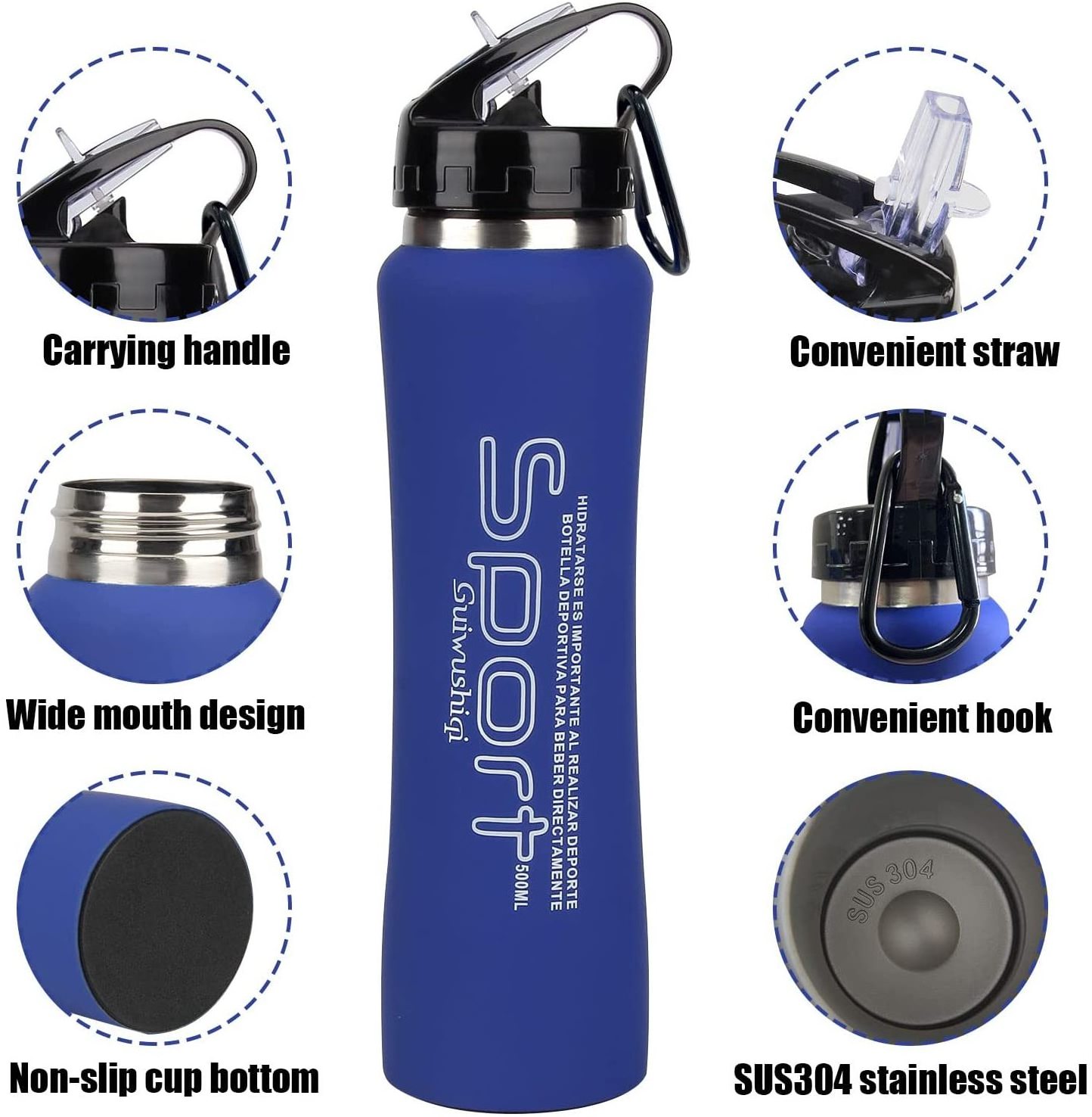 Custom logo Gym Run Sport Wall Stainless Steel Insulated Vacuum Sports Water Bottle With Carabiner