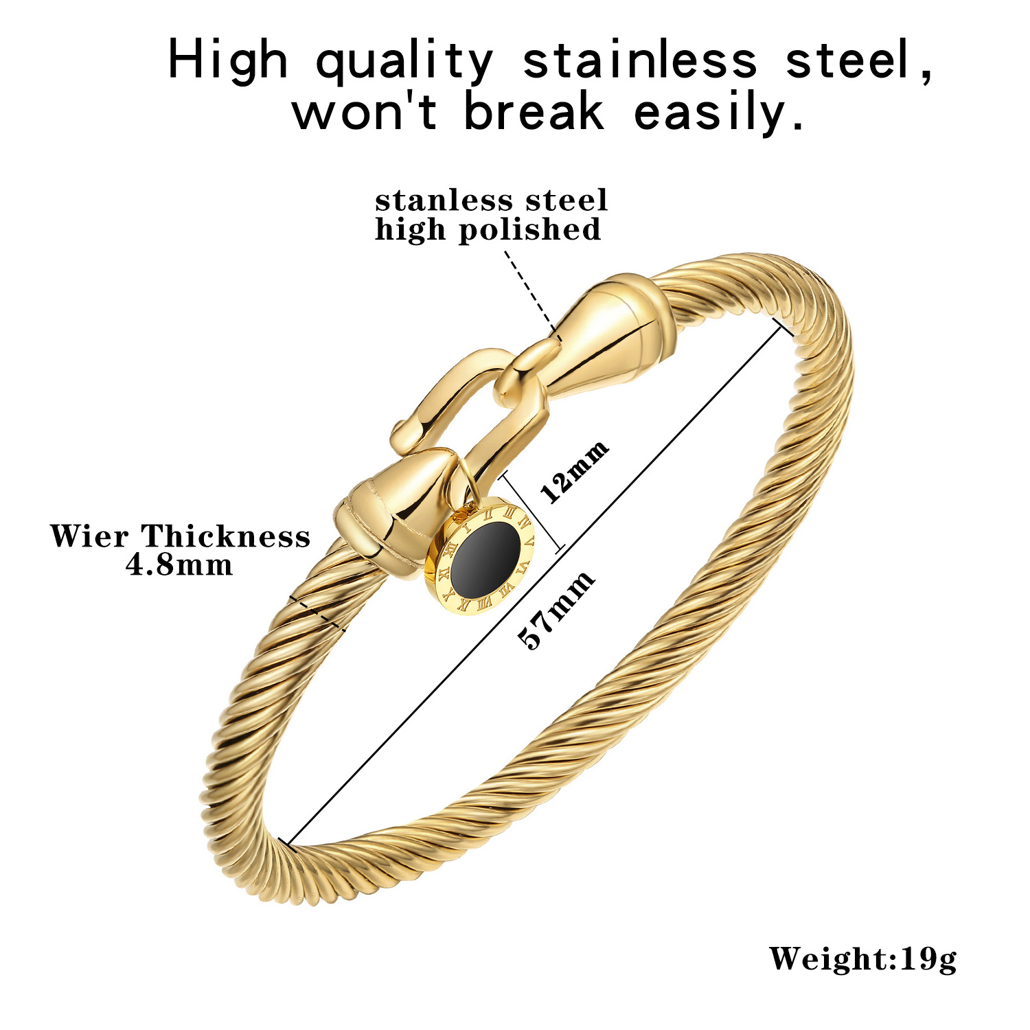 Hook Clasp Stylish Roman Digital Bangle Bracelet with Stainless Steel Twisted Cable Wire Bracelets for Women Girls